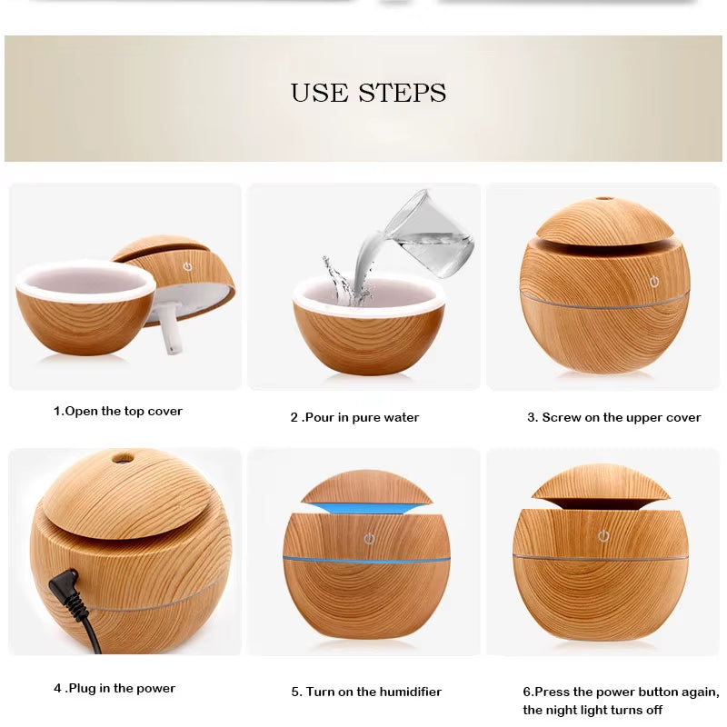 130ML Ultrasonic USB Aroma Diffuser & Air Humidifier – Wood Grain LED Essential Oil Diffuser for Skincare Routine, Face Care, Moisturizer & Anti-Aging Skincare